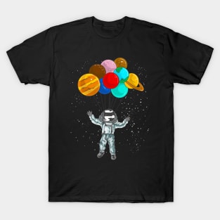 Astronaut In Space Flying With Planet Balloons T-Shirt